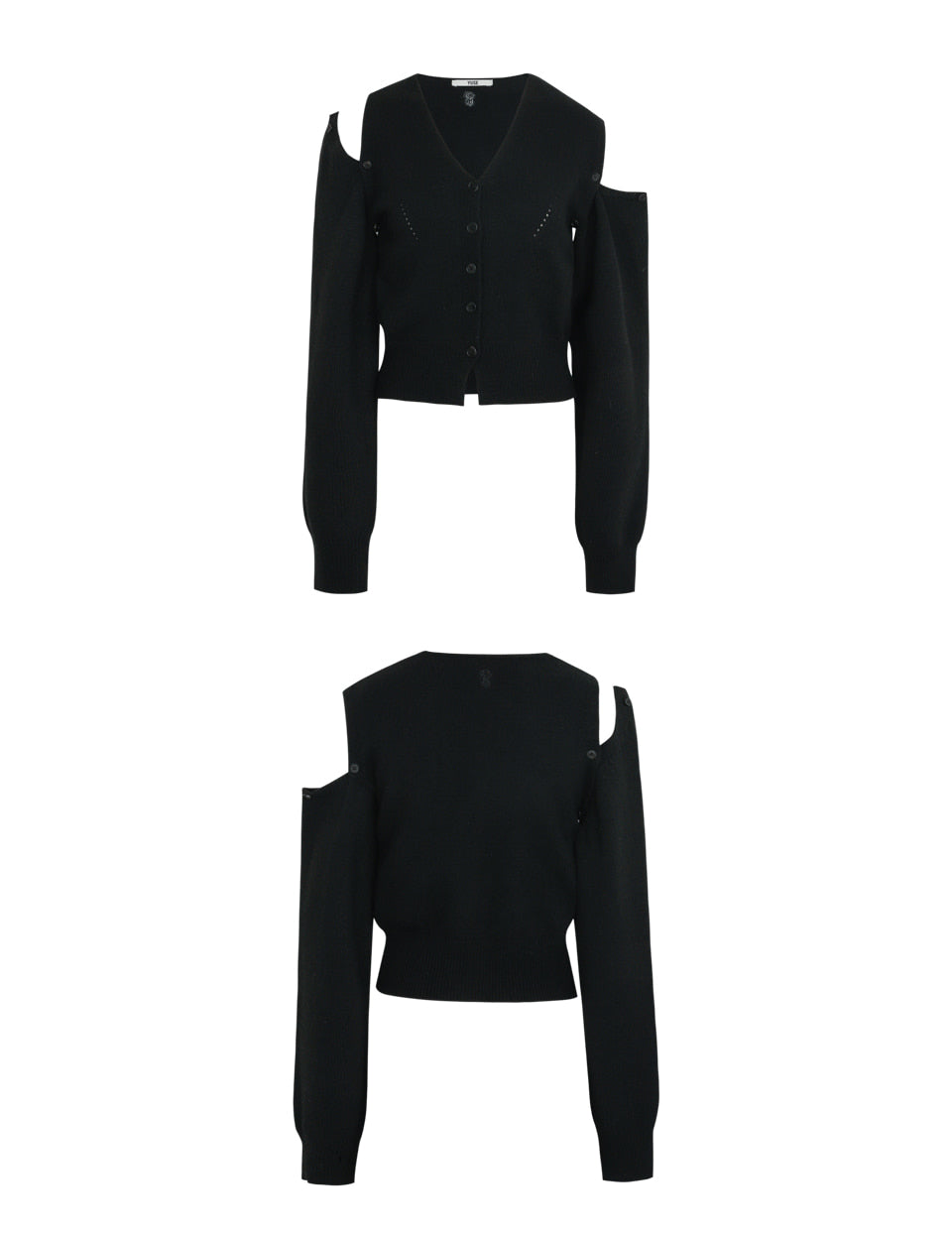 YUSE Cashmere Unbalance Shoulder Cut Crop Knit Cardigan - Black