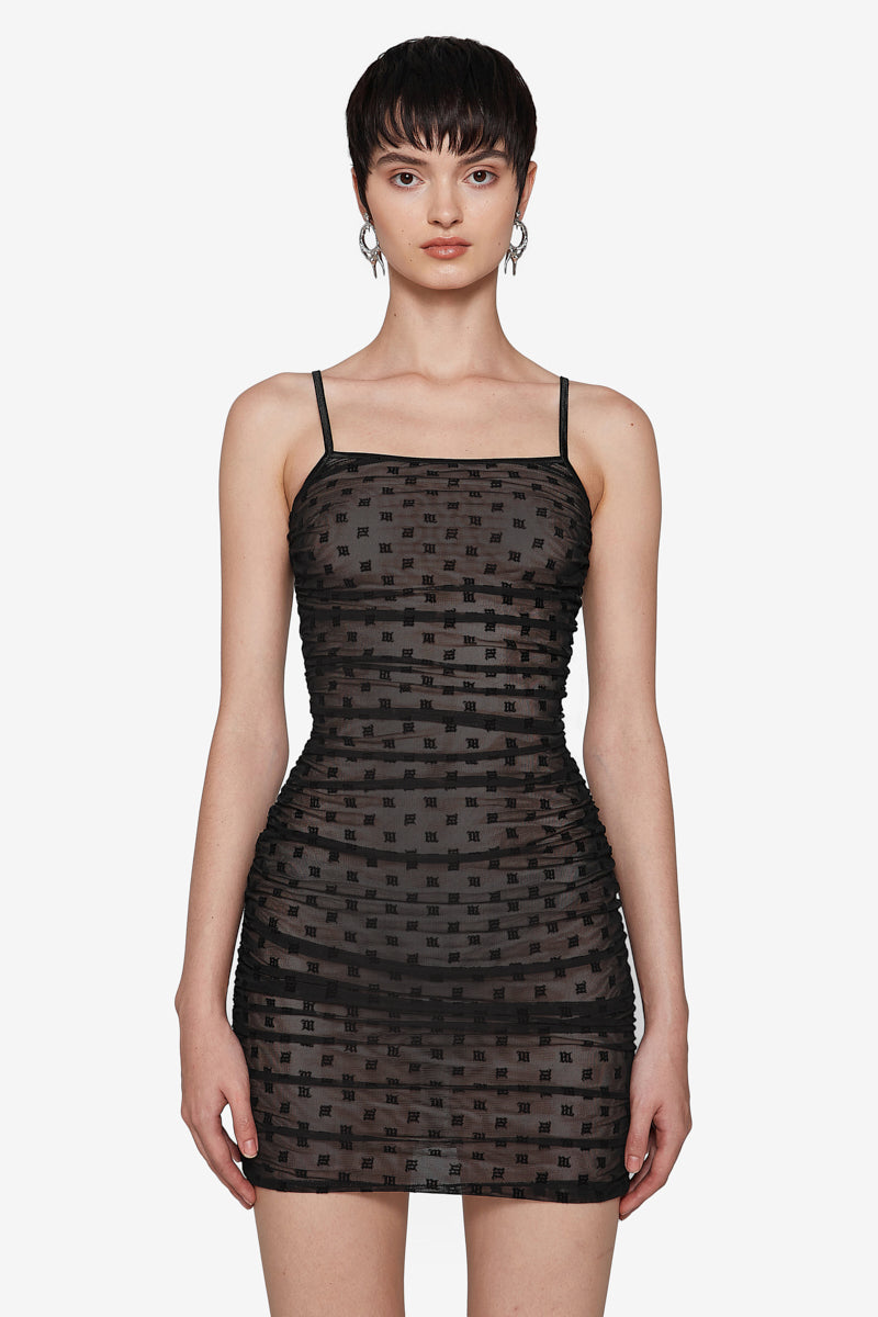 MISBHV Mesh Monogram Draped Mini Dress Black