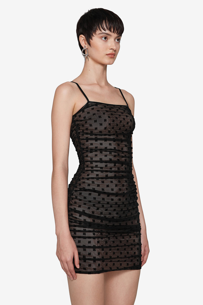 MISBHV Mesh Monogram Draped Mini Dress Black