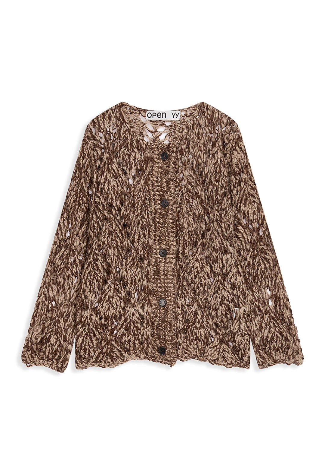 OPEN YY Argyle Pointelle Cardigan Brown