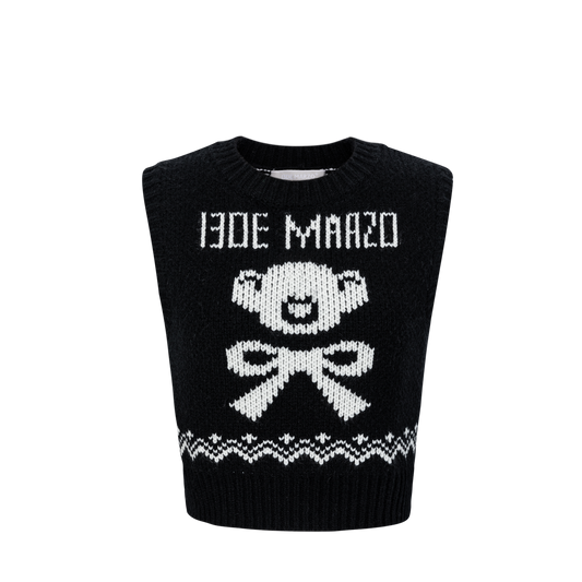 13DE MARZO Fair Isle Bear Knit Vest Black