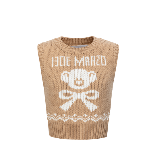 13DE MARZO Fair Isle Bear Knit Vest Khaki