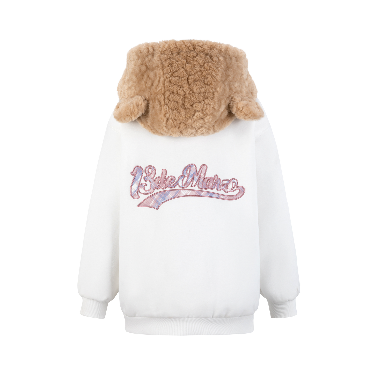 13DE MARZO Bear Zip Fuzzy Hoodie White