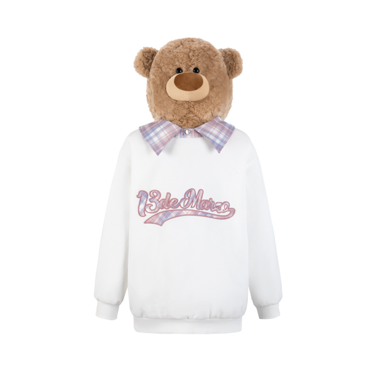 13DE MARZO Bear Zip Fuzzy Hoodie White