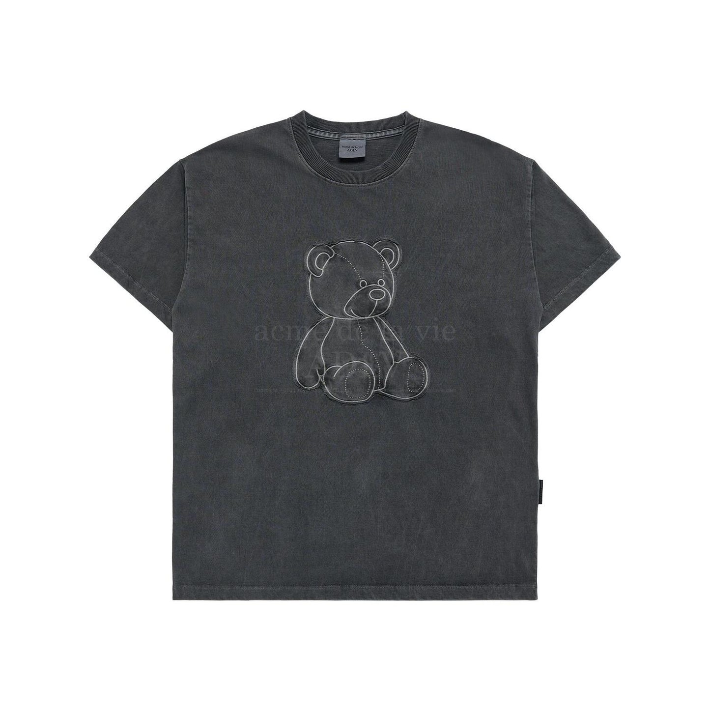 ADLV Bear Applique Pigment Washing Short Sleeve T-shirt Charcoal