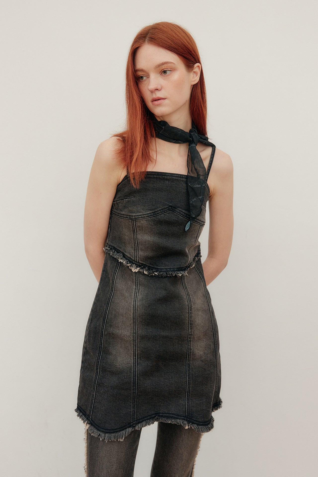 YUSE Bustier Rough Cutting Denim Dress Top - Black