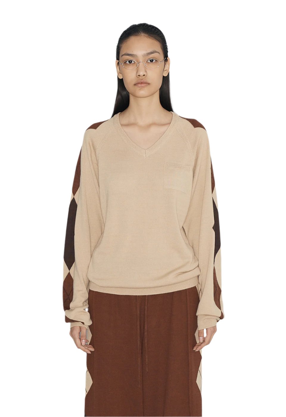 OPEN YY Argyle V-neck Knit Beige