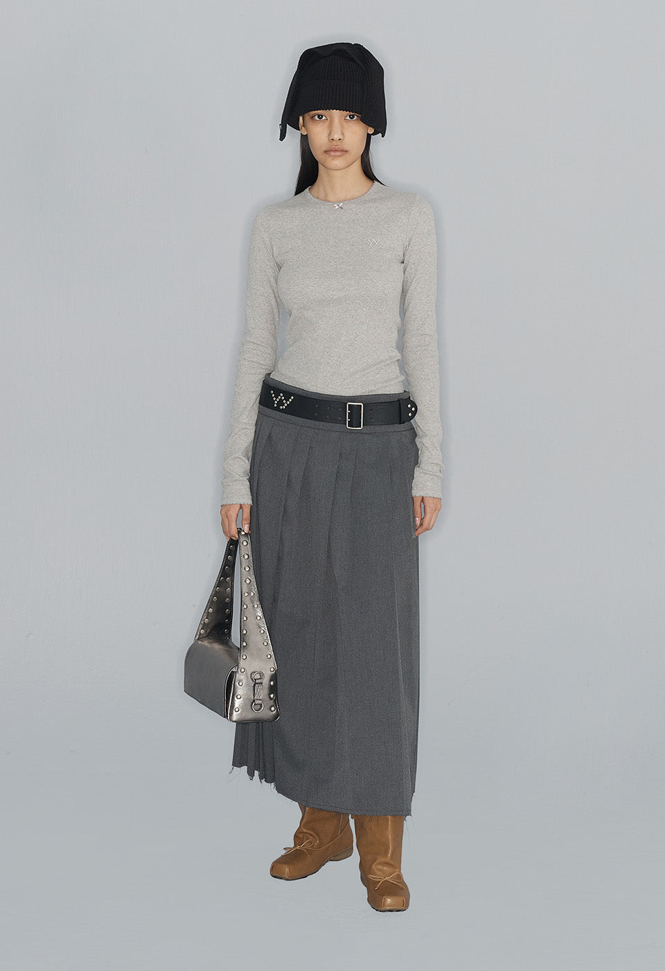 OPEN YY Pleated Wrap Maxi Skirt Gray