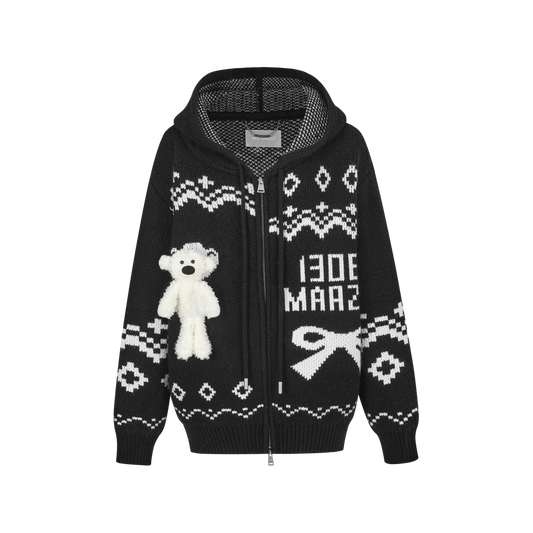 13DE MARZO Fair Isle Bear Zip Knit Hoodie Black