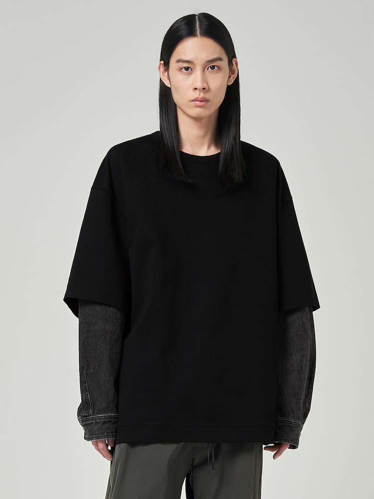 JUUN.J Denim Layered Cotton Sweatshirt Black