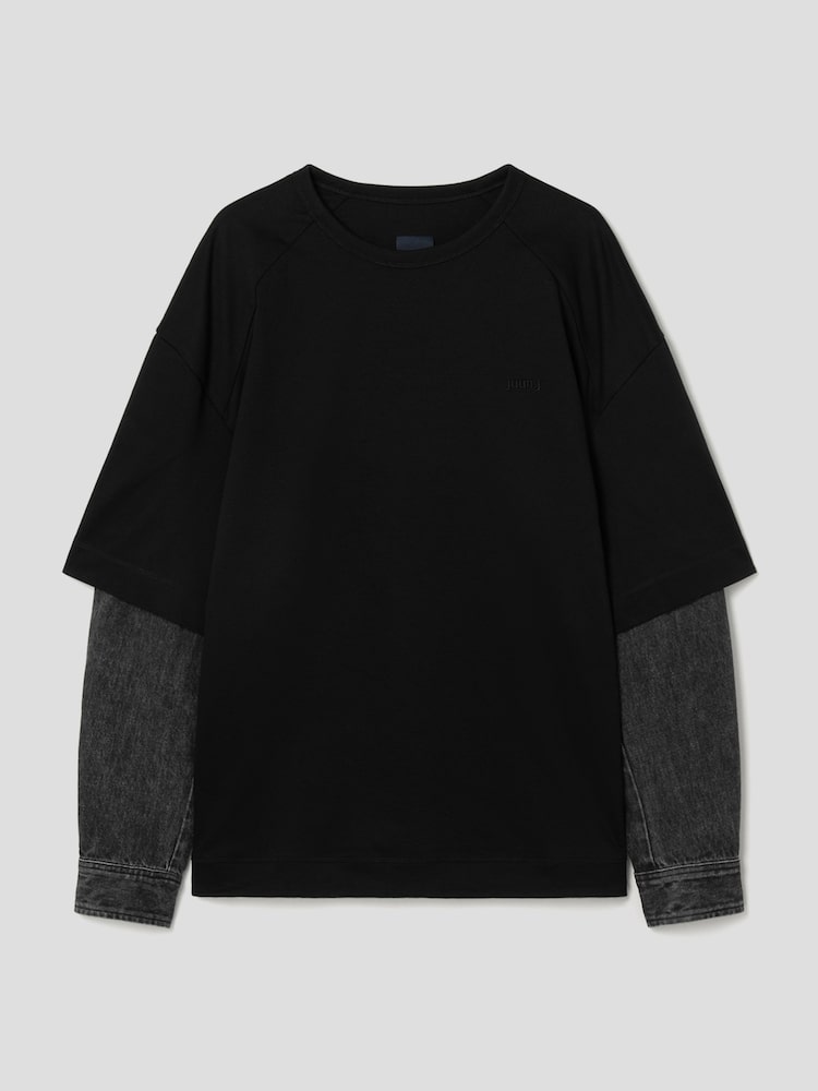 JUUN.J Denim Layered Cotton Sweatshirt Black