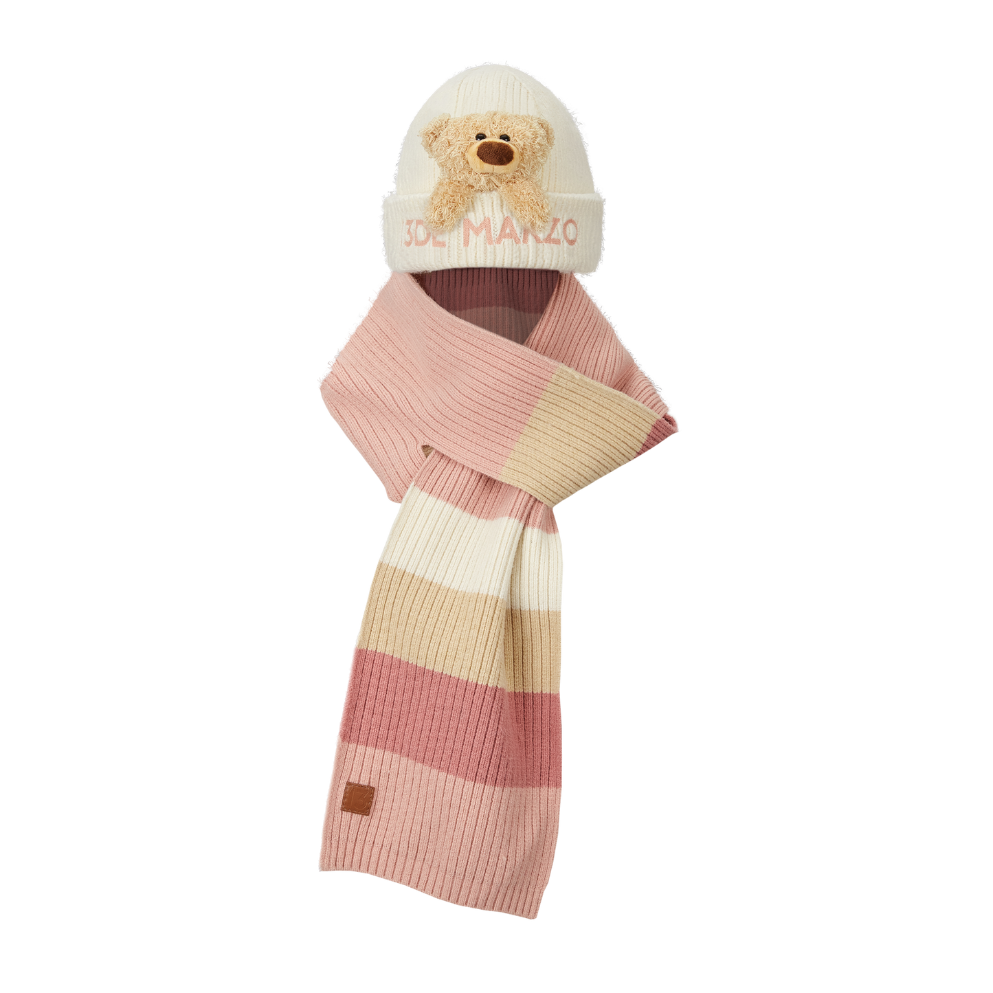 13DE MARZO Bear Skiing Scarf Beanie Pink