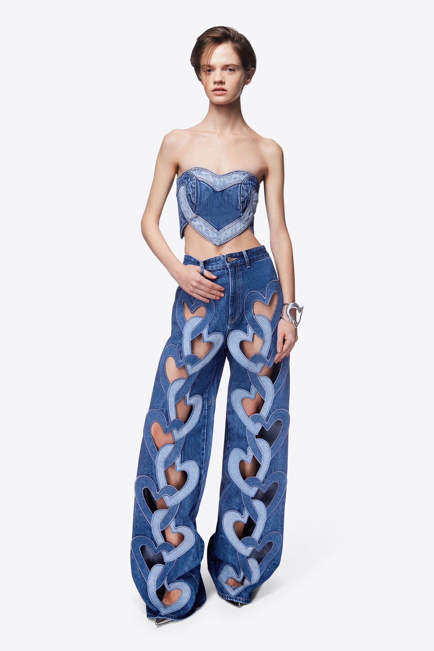 AREA Heart Cutout Wide Leg Jean Multi Denim Wash