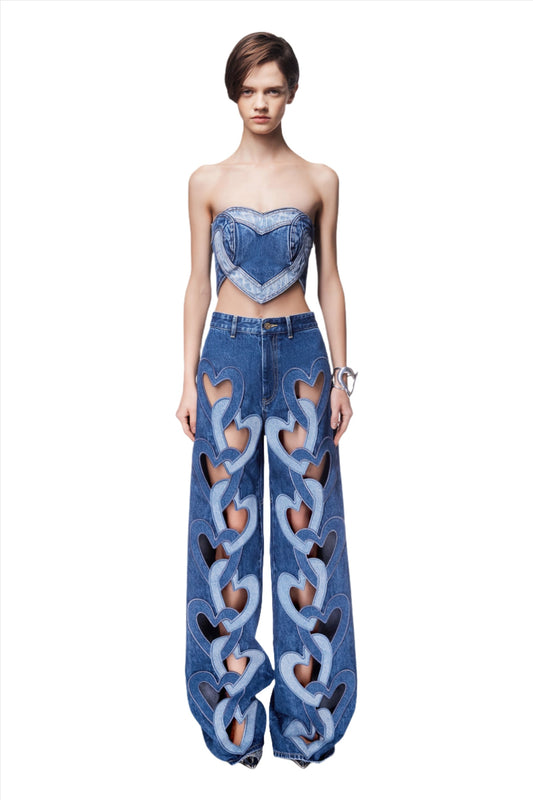 AREA Heart Cutout Wide Leg Jean Multi Denim Wash