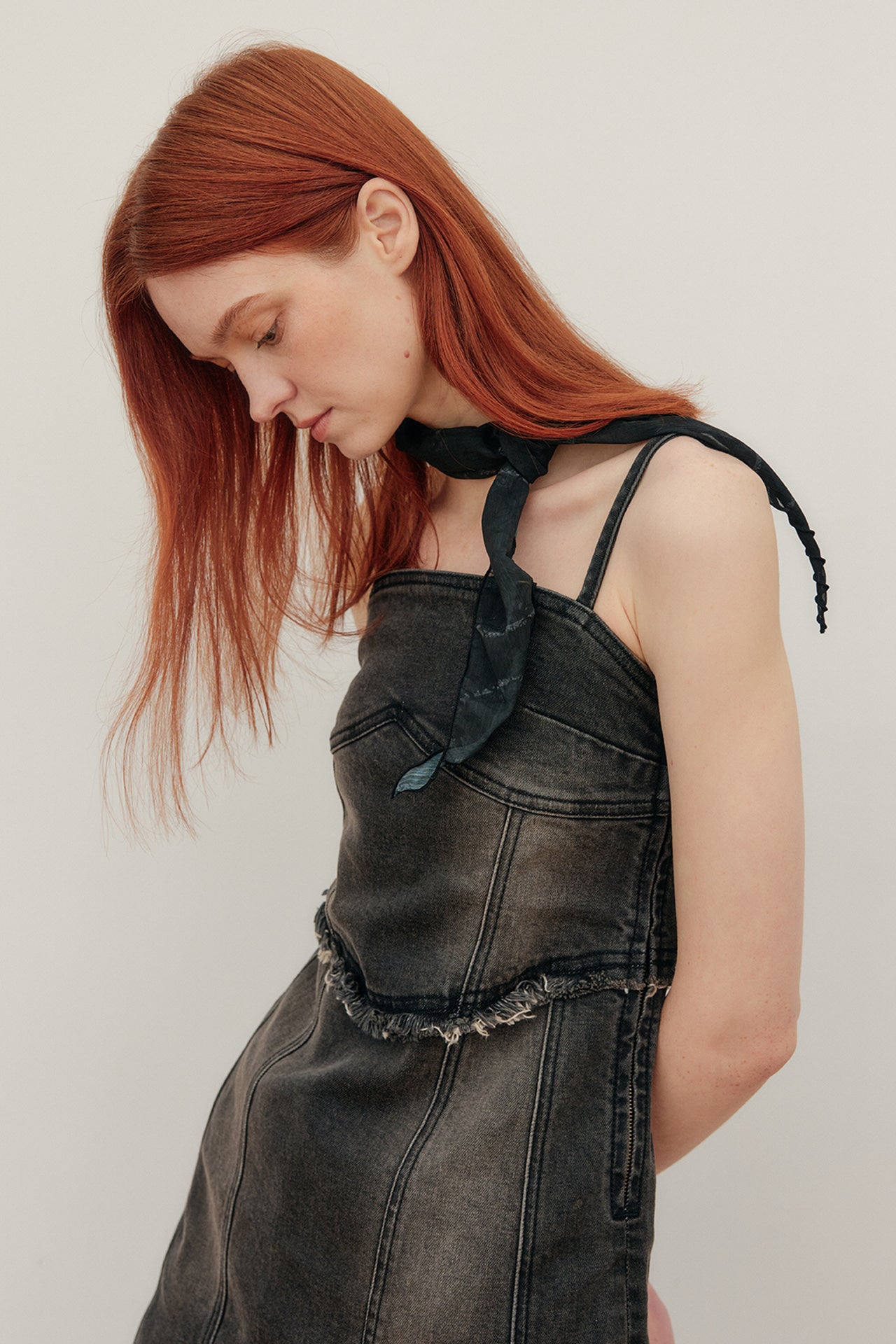 YUSE Bustier Rough Cutting Denim Dress Top - Black