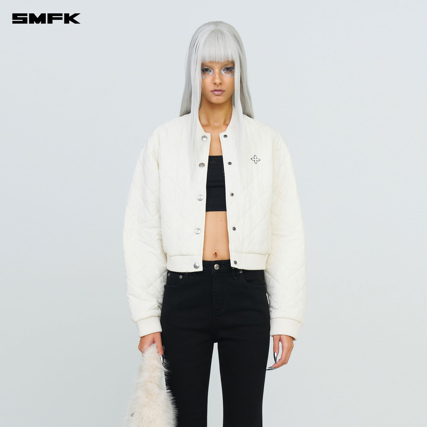 SMFK Compass Winter Badge Baseball Jacket In Cream