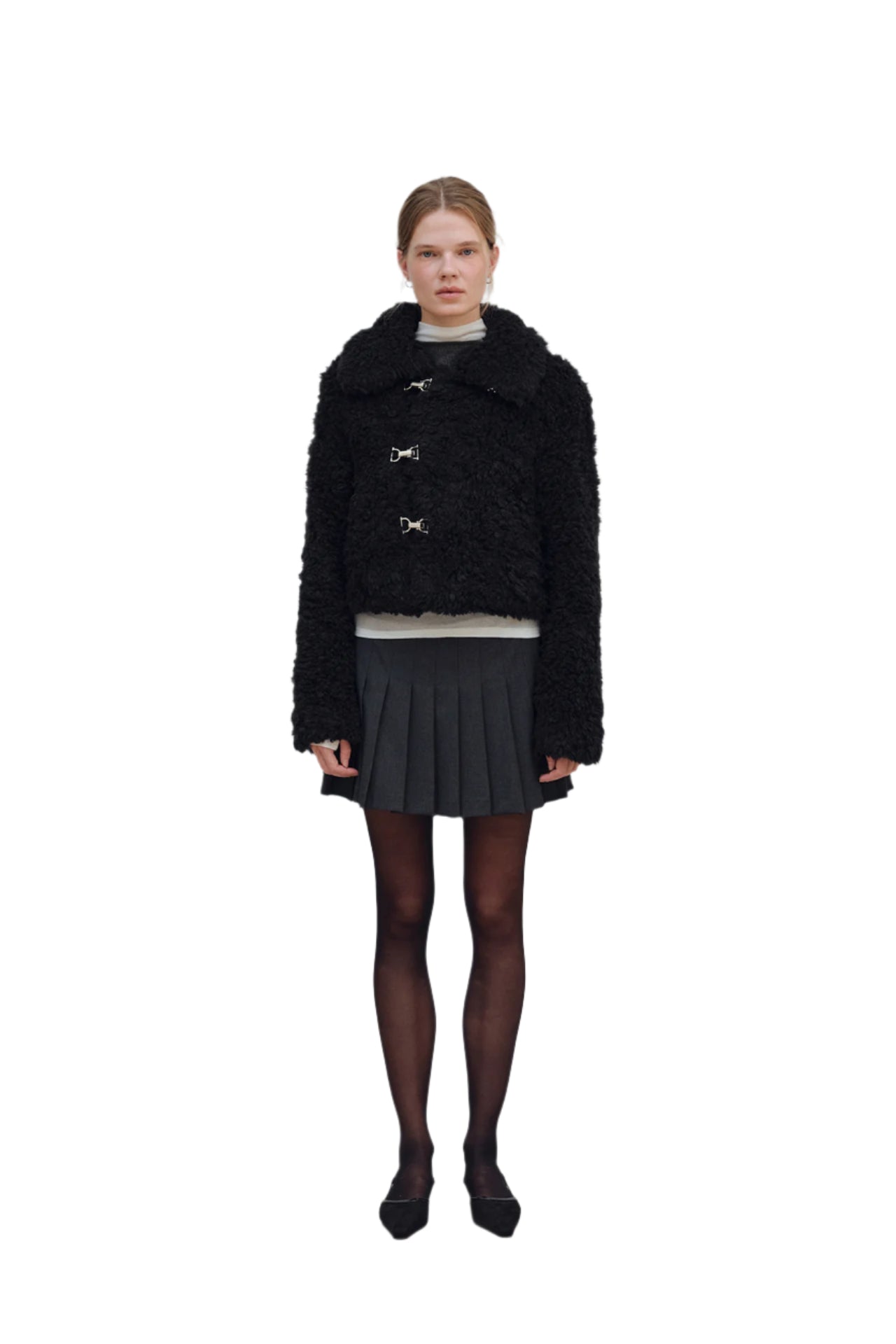 YUSE Hook Closing Unbalance Collar Fur Short Jacket Black