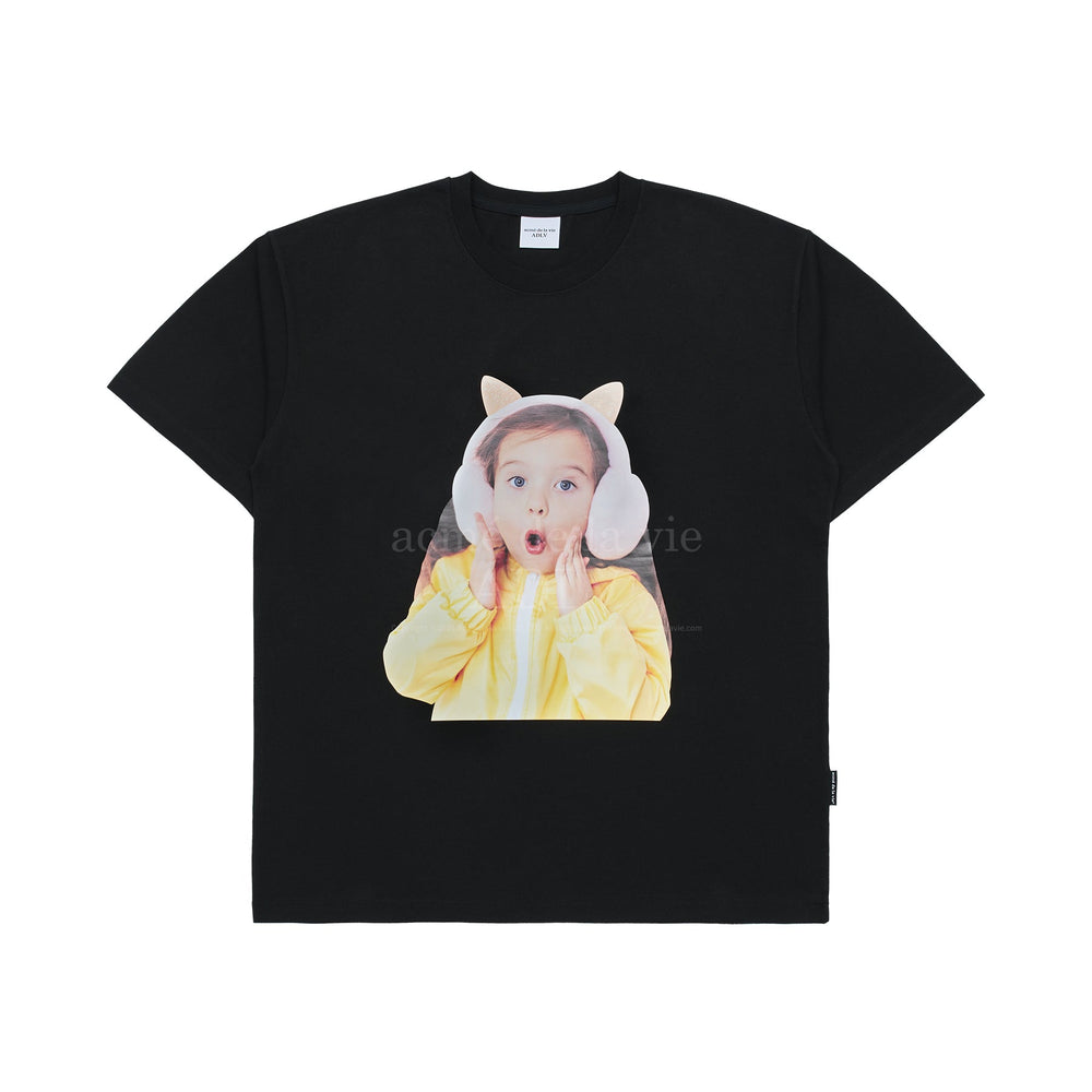 ADLV Baby Face Cat Earplug Short Sleeve T-shirt Black