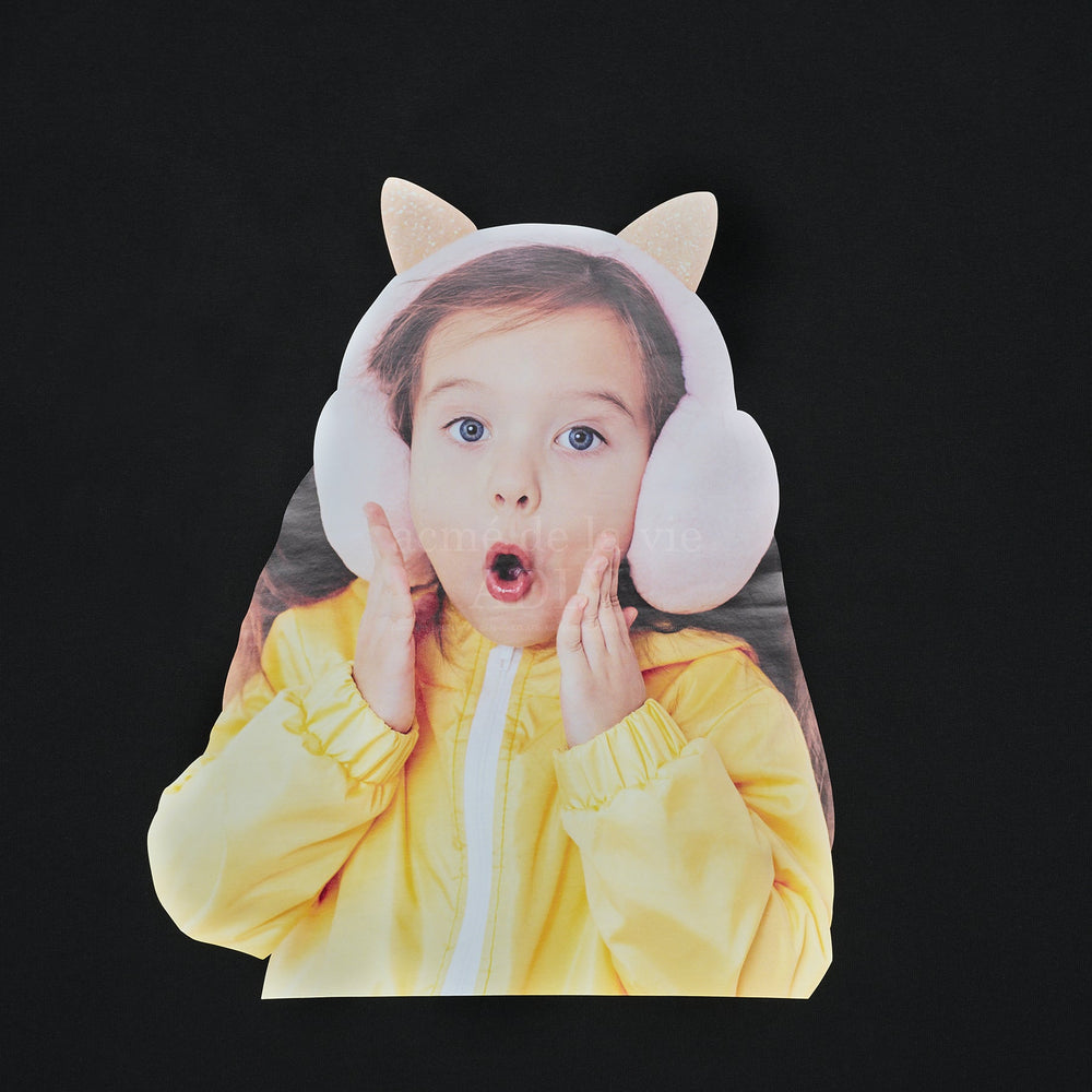 ADLV Baby Face Cat Earplug Short Sleeve T-shirt Black