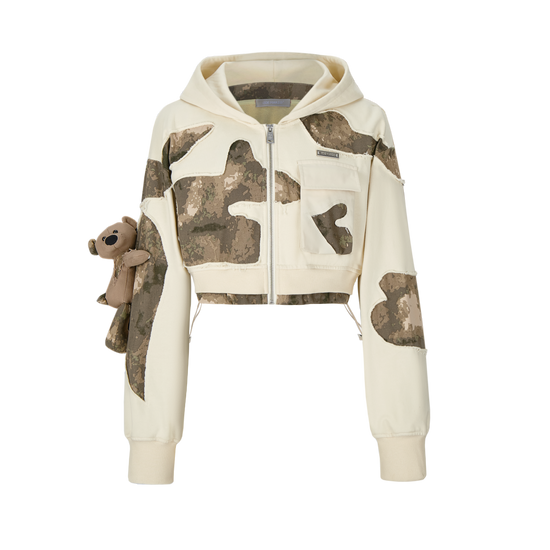 13DE MARZO Camo Denim Zip Hoodie Beige