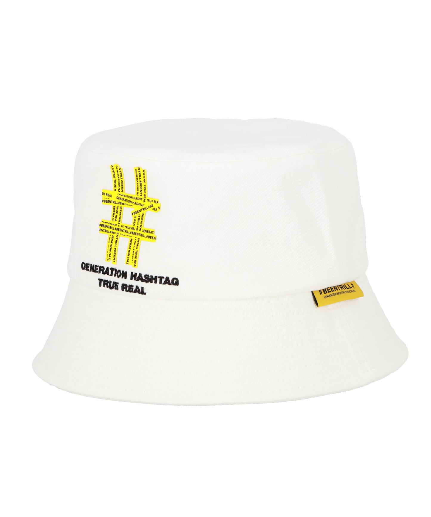 BEENTRILL Yellow Taping Hashtag Bucket Hat White