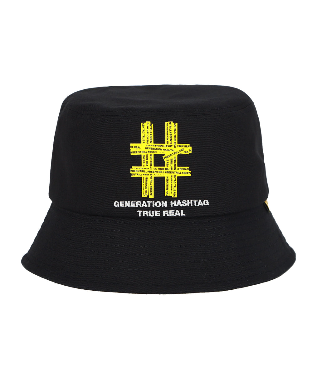 BEENTRILL Yellow Taping Hashtag Bucket Hat Black